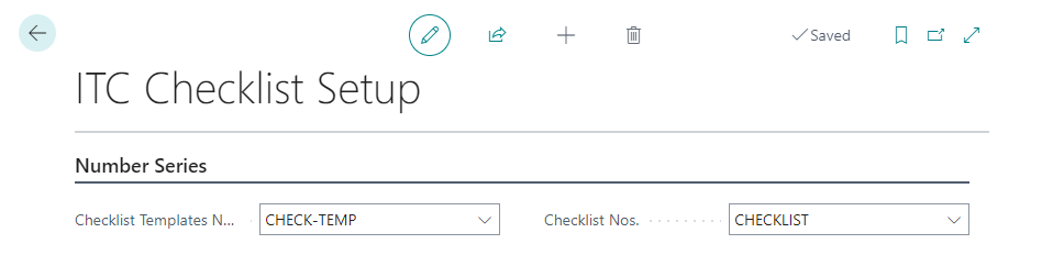 ITC Checklist Setup screen showing number series configuration with 'CHECK-TEMP' selected for Checklist Templates Nos. and 'CHECKLIST' selected for Checklist Nos.