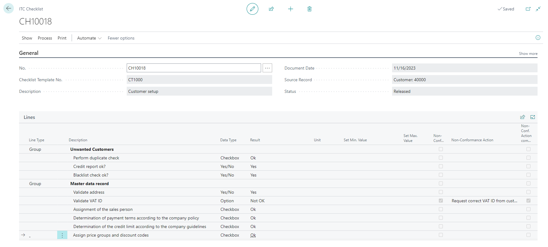 Released ITC Checklist CH10018 for customer setup, showing grouped validation tasks under 'Unwanted Customers' and 'Master data record', with result values such as 'OK', 'Yes', and 'Not OK'. One task includes a non-conformance action to request the correct VAT ID.